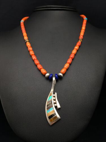 Navajo Multi-Stone Spiny Oyster Inlay Pendant Necklace | Sterling Silver | 19" | Authentic Native American Handmade | 4519