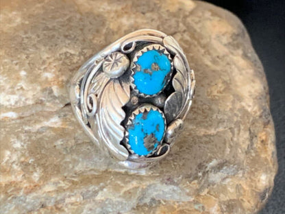Navajo Blue Kingman Turquoise Feather Ring | Authentic Native American Sterling Silver | Multi-Stone | Sz 10.5 | 12219