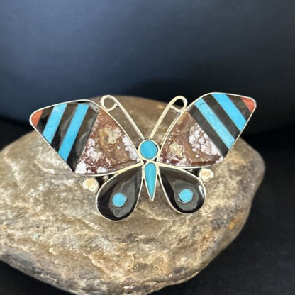 Zuni Butterfly Inlay Ring | Coral Turquoise Onyx Mother of Pearl | Sz 7 | Sterling Silver | 14439