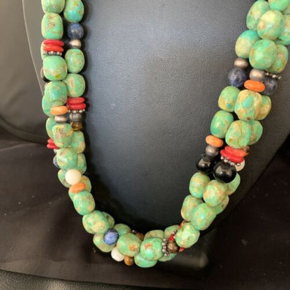 Multi-Color Green Turquoise Spiny Lapis Necklace | 3-Strand Sterling Silver | 13954