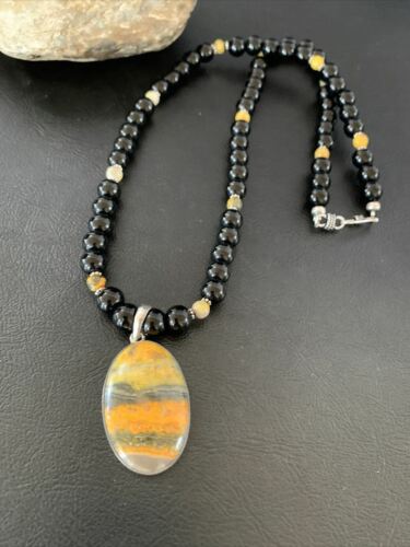 Men's Navajo Pearls Onyx Bumblebee Jasper Necklace Pendant | Sterling Silver | Native American Handmade | 10323