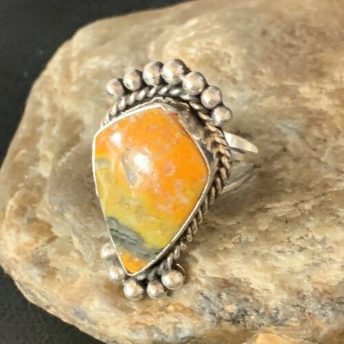 Navajo Yellow Bumble Bee Jasper Ring | Sterling Silver | Sz 9.5 | Authentic Native American Handmade | 13526