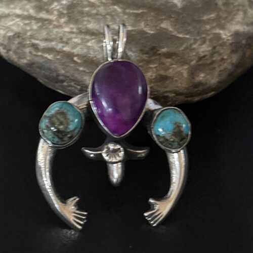 Navajo Sterling Silver Blue Turquoise Purple Sugilite Naja Pendant | Authentic Native American Handmade | 14673