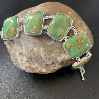 Navajo Green Mojave Turquoise Link Bracelet | Sterling Silver | 8" | Authentic Native American Handmade | 11641