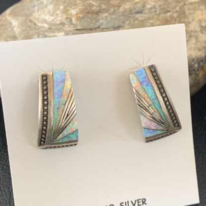 Navajo Blue White Opal Inlay Earrings | Sterling Silver | Authentic Native American Handmade | 12117 - Masha USA