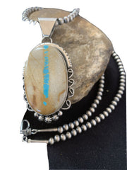 Men's Navajo Pearls Necklace | Sterling Silver Blue Boulder Turquoise Pendant | Native American Handmade | 1534