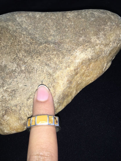Navajo Yellow Turquoise Inlay Ring | Sterling Silver | Sz 11.5 | Authentic Native American Handmade | 1732