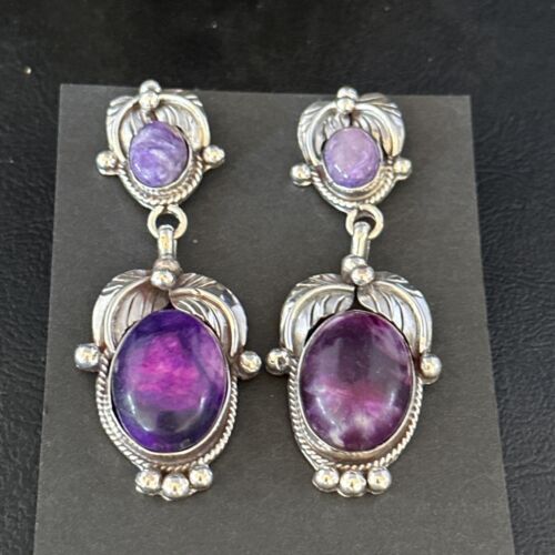 Navajo Purple Sugilite Dangle Earrings | Sterling Silver | 2" | Authentic Native American Handmade | 14405