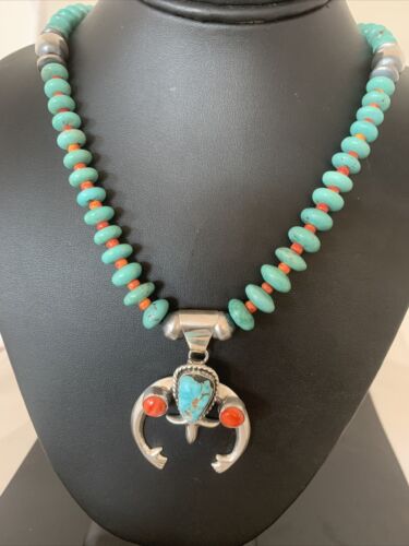 Navajo Pearls Sterling Silver Necklace | Blue Turquoise & Spiny Oyster Naja Pendant | Authentic Native American Handmade | 02059