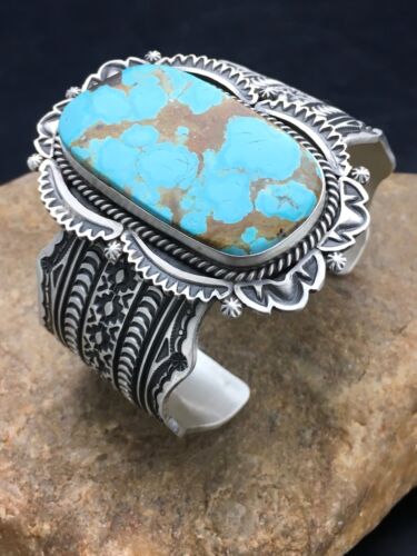 Navajo Men's Turquoise #8 Cuff Bracelet | Sterling Silver | Authentic Native American Handmade | 13646