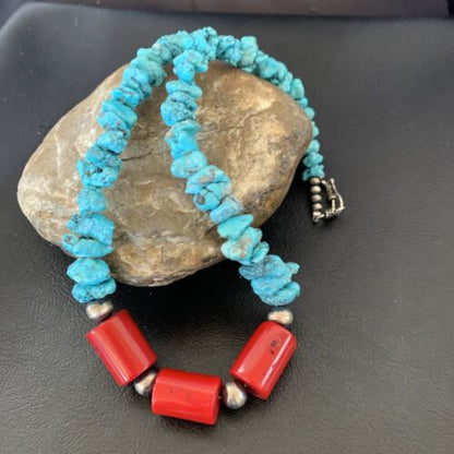Navajo Sterling Silver Graduated Kingman Nugget Turquoise Necklace | Authentic Native American | 18" | 11836