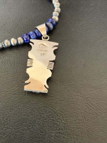 Navajo Pearls Necklace Blue Lapis Opal Inlay Pendant | Sterling Silver | Native American Handmade | 11804