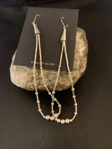 Navajo XL Liquid Heishi Sterling Silver Pearls Beads Earrings | 4" | Authentic Native American Handmade | 13034