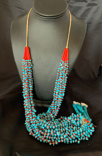 Southwestern Santo Domingo Red Coral Blue Turquoise Necklace | 10 Strand | 40" | 12046