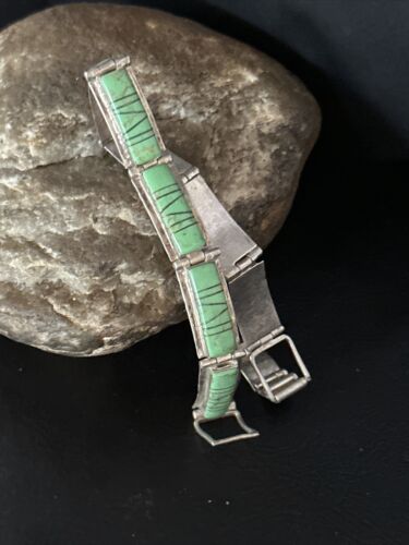Native American Women's Green Gaspeite Inlay Link Bracelet | Sterling Silver | 7.5" | 14270