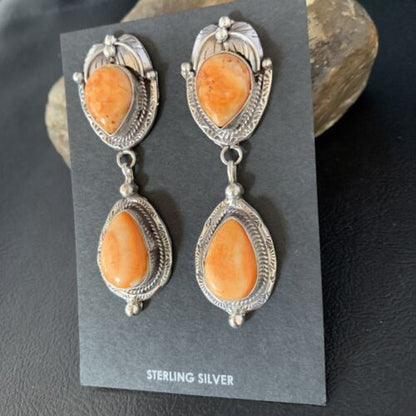 Navajo Orange Spiny Oyster Dangle Earrings | Sterling Silver | Authentic Native American Handmade | 13819