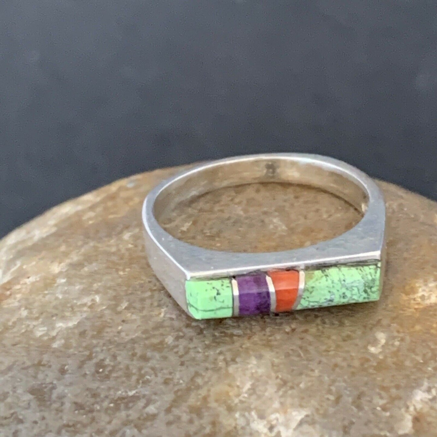 Native American Navajo Green Gaspiete Sugilite Red Coral Inlay Ring | Sz 5 | 10995