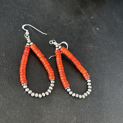 Southwestern Red Coral Dangle Earrings | Sterling Silver Heishi Bead | 2" | 14426