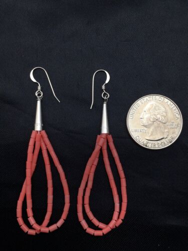 Navajo Pink Coral Heishi Dangle Earrings | Liquid Sterling Silver | 2 Strand | Authentic Native American | 4398