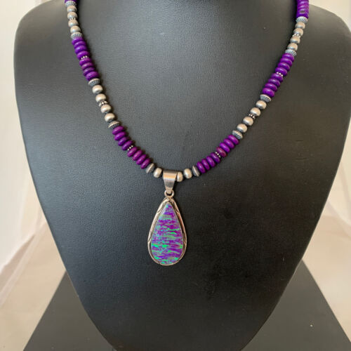 Navajo Purple Sugilite Necklace with Faux Opal Pendant | Sterling Silver | Authentic Native American Handmade | 01916