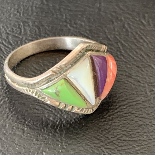 Navajo Multi-Color Gaspeite Sugilite Coral Mother of Pearl Inlay Ring | Sterling Silver | Sz 10.5 | 12397