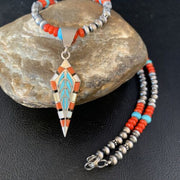 Navajo Blue Turquoise Coral Pendant Necklace | Sterling Silver Inlay | Authentic Native American Handmade | 13840