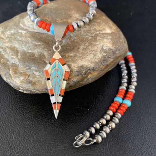 Navajo Blue Turquoise Coral Pendant Necklace | Sterling Silver Inlay | Authentic Native American Handmade | 13840
