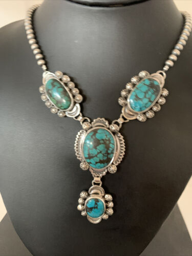 Navajo Lariat Spiderweb Turquoise Pendant Necklace | Sterling Silver | 25" | Authentic Native American Handmade | 01337