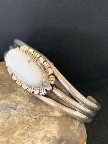 Navajo White Buffalo Turquoise Cuff Bracelet | Sterling Silver | Authentic Native American Handmade | 1422