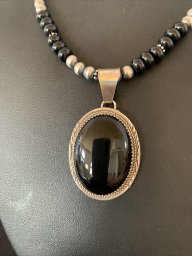 Native American Men's Navajo Pearl Necklace Pendant | Sterling Silver Black Onyx | 11740