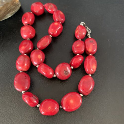 Native American Navajo Red Coral Bead Necklace | Sterling Silver | 18" | 13408 - Masha USA