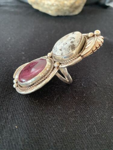 Navajo White Buffalo Turquoise & Spiny Oyster Multi-Stone Ring | Authentic Native American Sterling Silver | Sz 9 | 307