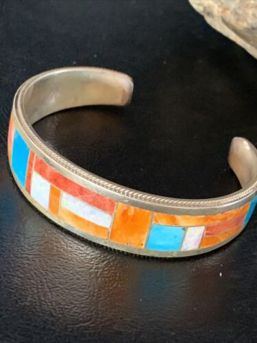 Zuni Orange Spiny Oyster Opal Inlay Cuff Bracelet | Sterling Silver | Authentic Native American Handmade | 14159