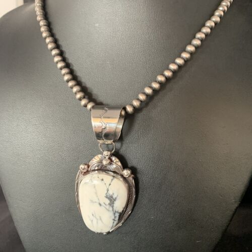 White Buffalo Turquoise Pendant Necklace | Sterling Silver | Navajo | Authentic Native American Handmade | 13992 - Masha USA
