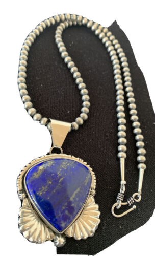 Native American Men's Navajo Pearls Necklace Pendant | Sterling Silver Blue Lapis | 01540