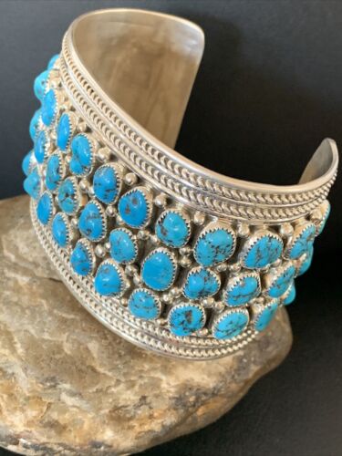 Sterling Silver Blue Kingman Turquoise Cuff Bracelet | 3 Row Stone | Authentic Native American Handmade | 12167