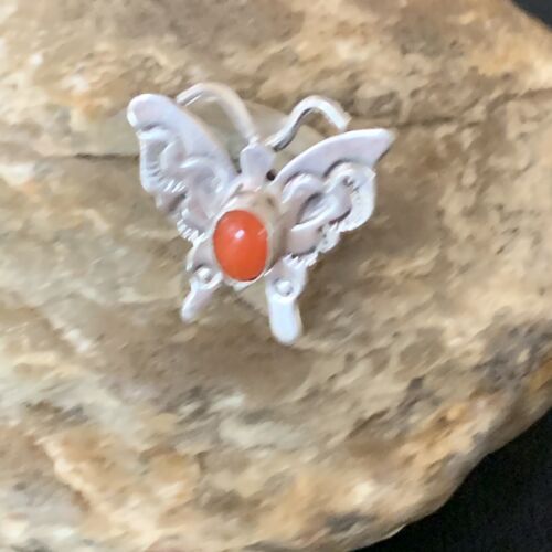 Navajo Red Spiny Oyster Butterfly Ring | Sterling Silver | Adj Sz 8 | Authentic Native American Handmade | 10341