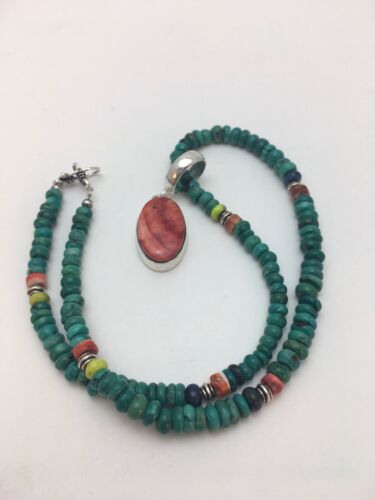 Pueblo Turquoise & Spiny Oyster Pendant Necklace | Sterling Silver | Authentic Native American Handmade | 8910