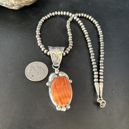 Navajo Pearls Red Spiny Oyster Necklace Pendant | Sterling Silver | Authentic Native American Handmade | 14724 - Masha USA