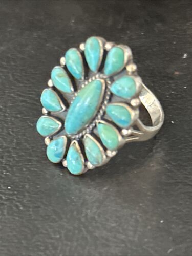 Navajo Blue Turquoise Cluster Ring | Authentic Native American Sterling Silver | Multi-Stone | Sz 9 | 14265