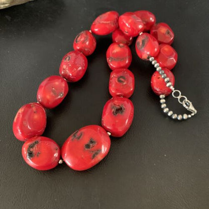 Navajo Red Coral Bead Necklace | Sterling Silver | 22" | Authentic Native American Handmade | 13406 - Masha USA
