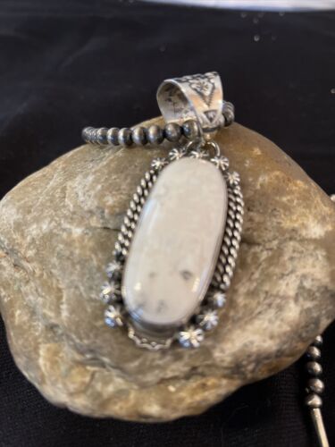 Men's White Buffalo Turquoise Pendant | Navajo Pearl Sterling Silver Necklace | Authentic Native American Handmade | 1072