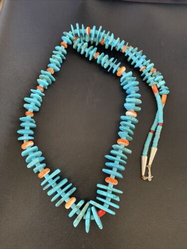 Authentic Native American Santo Domingo Necklace | Sterling Silver & Spiny Turquoise | 36" Graduated | 12067