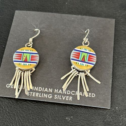 Navajo Multi-Color Turquoise Inlay Earrings | Sterling Silver | Authentic Native American Handmade | 14654