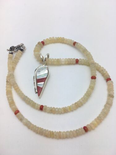 Native American Opal & Coral Beads Inlay Necklace | Sterling Silver | 8911