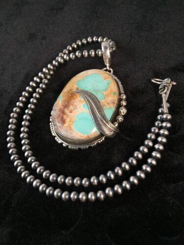 Royston Turquoise Pendant | Navajo Pearls Sterling Silver Necklace | Authentic Native American Handmade | 8730