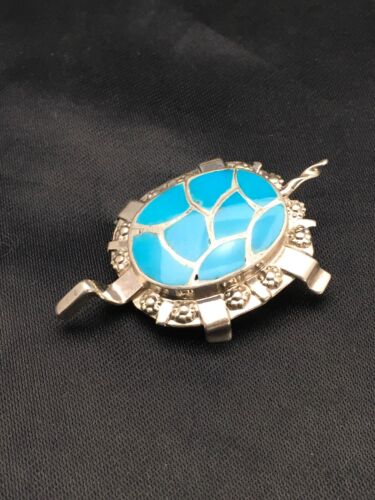 Southwestern Turquoise Zuni Turtle Pin Pendant | Sterling Silver | Native American Handmade | 2806