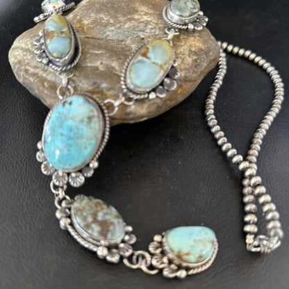 Navajo Golden Hills Turquoise Lariat Necklace | Sterling Silver | Authentic Native American Handmade | 14348