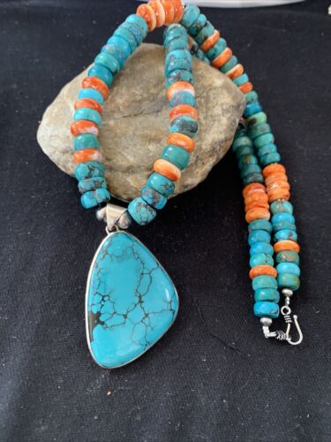 Navajo Pearls Spiderweb Spiny Oyster Turquoise Necklace Pendant | Sterling Silver | Southwestern Native American | 00833