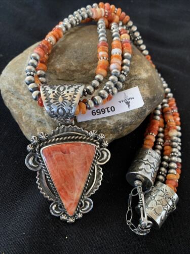 Navajo Red Spiny Oyster Pendant | Sterling Silver | Native American Handmade | Multi-Strand Necklace | 1659